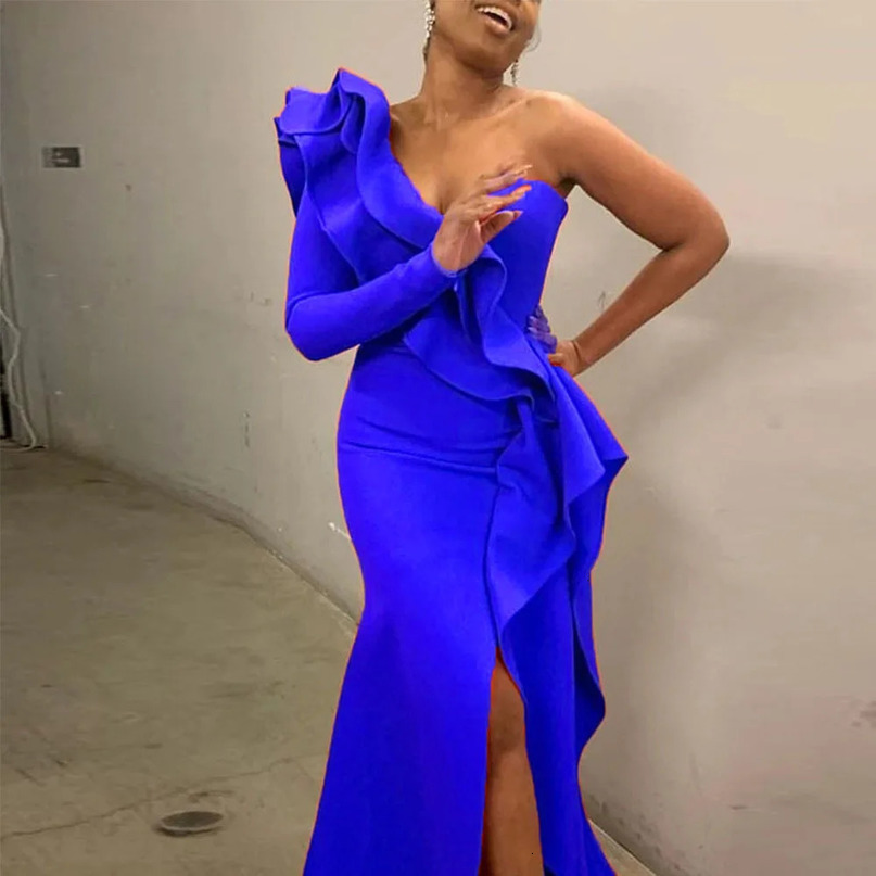 African Style Elegant Party Sexy Evening Women Long Dresses One Shoulder Bodycon Split Female Ruffles Maxi Red Dress Plus Size 240615