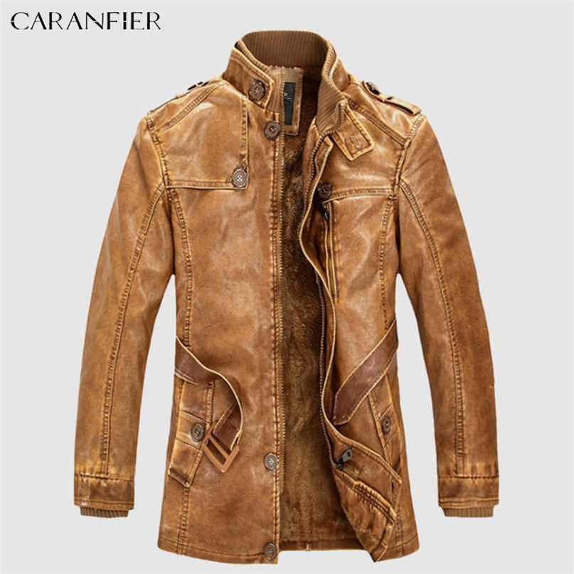 CARANFIER Men PU Leather Long Jacket British Style Casual Businessmen Male Windproof Fleece Warm Moto Biker Outerwear Mens Parka 211222
