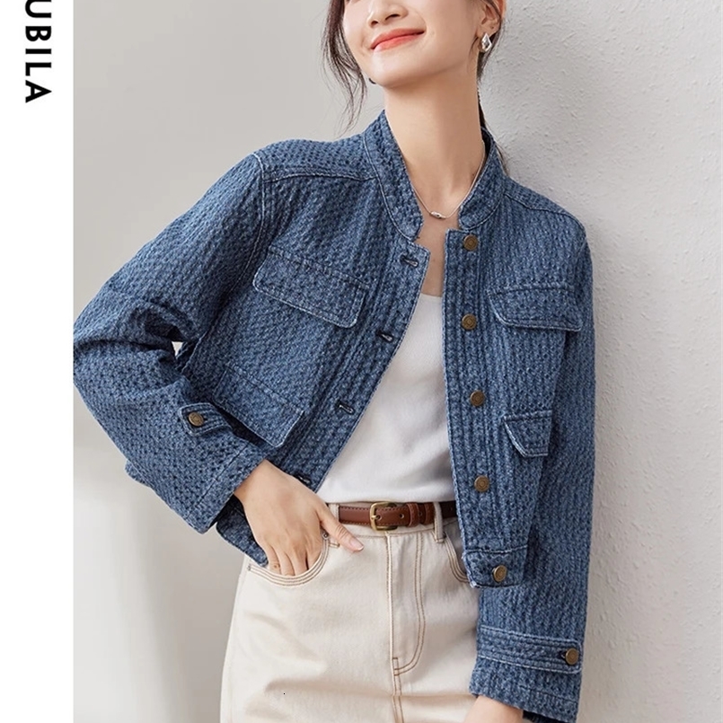 SENTUBILA Denim Jacket Women Autumn Fashion Stand Collar Crop Jacquard Jean Jackets Long Sleeve Outerwear Top W33W50575 240726