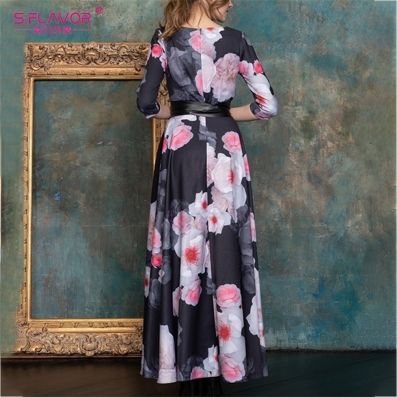 SFLAVOR Vintage Floral Print Long Dress Autumn Winter New Oneck Elegant Retro Boho Long Dress Women Party Vestidos 201008