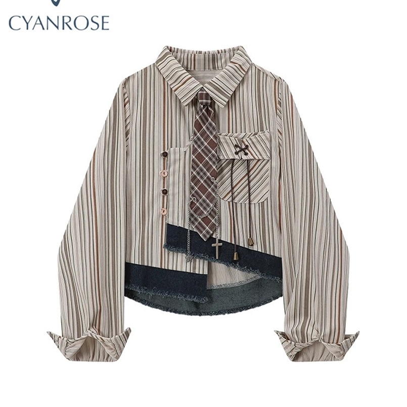 Womens Striped Shirts Blouses Y2k Aesthetic Streetwear Vintage Korean 2000s Elegant Long Sleeve Polo-Neck Shirt Clothes Summer 240731