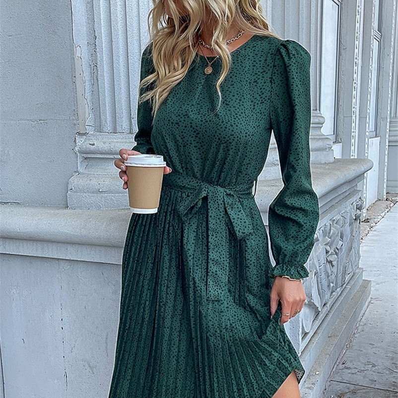 Casual Dresses JIM NORA Women Elegant Floral Printed Midi Pleated Dresses Spring Summer Casual O Neck Long Sleeve Ladies Chic Belt Fold Dress 230425