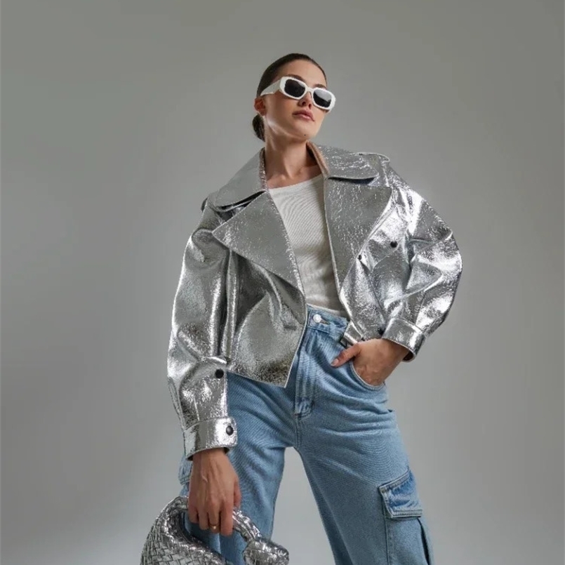 Silver ultra-fine false leather jacket for women loose autumn and winter jackets womens PU leather street clothing motorcycle jacket 240824