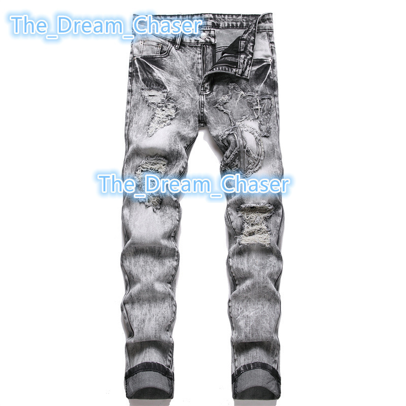 High Street Style Stonewashed Skinny Jeans Embroidered Button Spring Season Utility Punk Hip Hop Streetwear Denim Utility