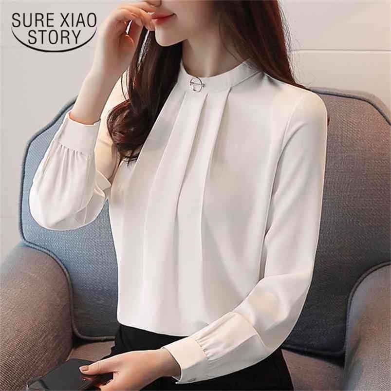spring fashion office lady elegant solid white clothing long sleeved blouses women tops casual chiffon shirts D519 30 210506
