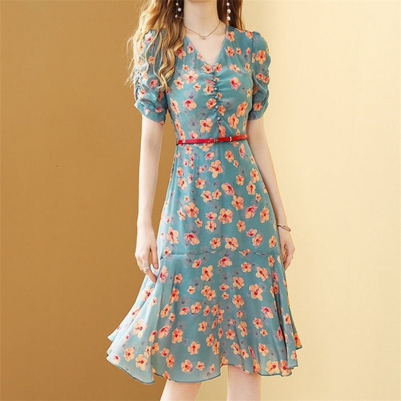 Casual Dresses Women's Summer Flower Chiffon Lotus Leaf Dress Fashion Print Temperature Band Fashion Women's Vestido Women's Dress 23
