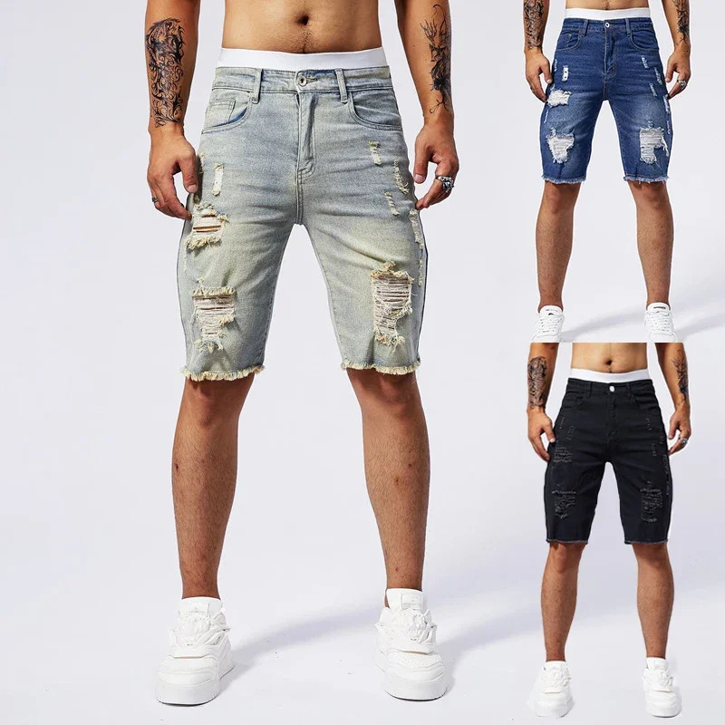 2025 Summer Mens Ripped Denim Shorts Fashion Vintage Hole Streetwear Stretch Slim Kneelength Short Pants Trendy Male 250922