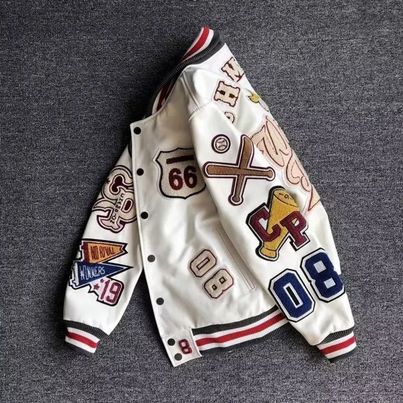 Y2K Baseball Uniform Jacket Retro Trend Leather Multi Letter Embroidery White Short Coat Mens Spring and Autumn 240903