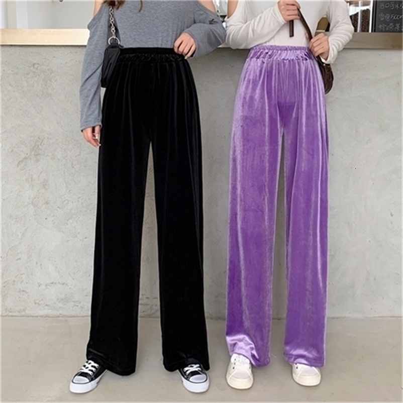 Pantaloni da donna Capris caduta in velluto dritti pantaloni da donna pantaloni a gamba larga in vita neri viola sciolta studentessa di moda femmini