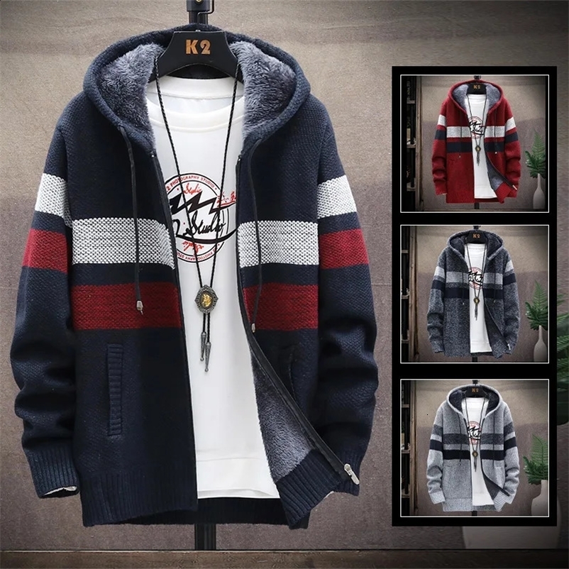 Men's Sweaters Men's Striped Cardigan Winter Sweater Fleece Jumper Hooded Clothes Harajuku Wool Japanese Casual Windbreaker Korean Jacket