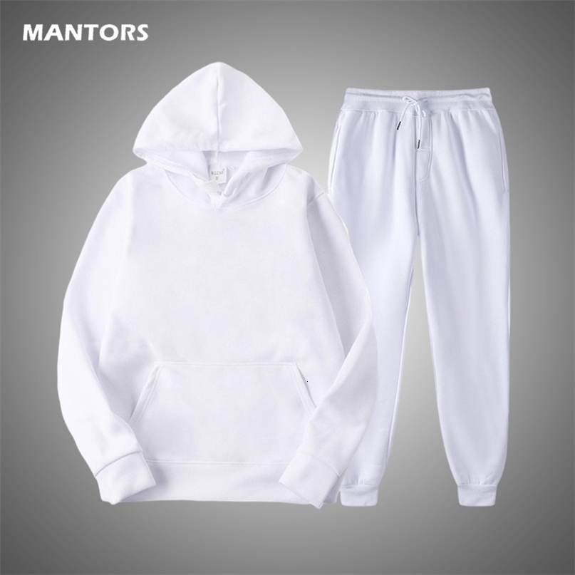 Solid Color Men's Set Autumn Winter Men Tracksuit Fleece Hoodies Pants Two Pieces Set Warm Casual Sportswear Mens Clothing 211109