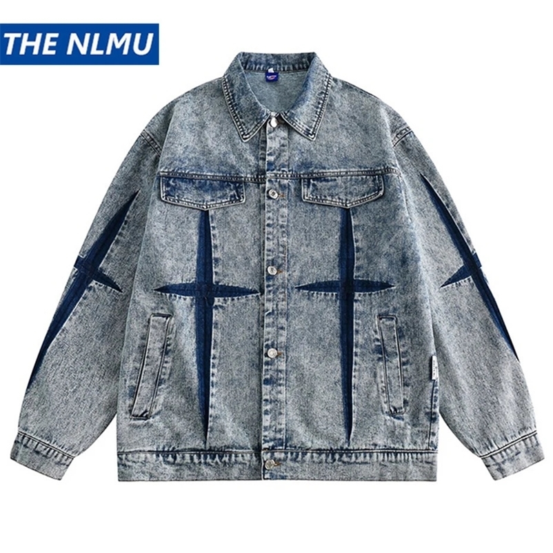 Men Vintage Blue Denim Jacket Cross Pleated Printed Harajuku Streetwear Hip Hop Jeans Jackets Man Y2K Jacket Outwear 240408