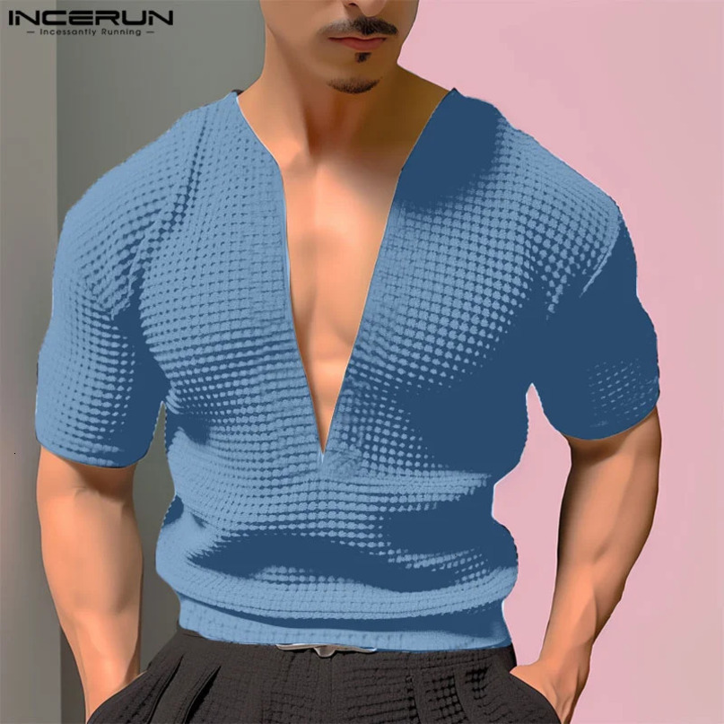 INCERUN Tops Korean Style Fashion Men Vneck Texture Tshirts Casual Streetwear Male Solid Short Sleeved Camiseta S5XL 240531