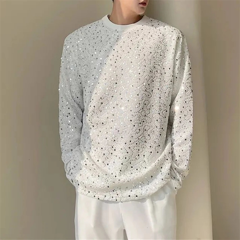 Mens Autumn Y2k Sequined Korean Style Loose Long-Sleeved T-Shirt Autumn Genderless Nightclub Personalized Fashion Tops Unisex 240703
