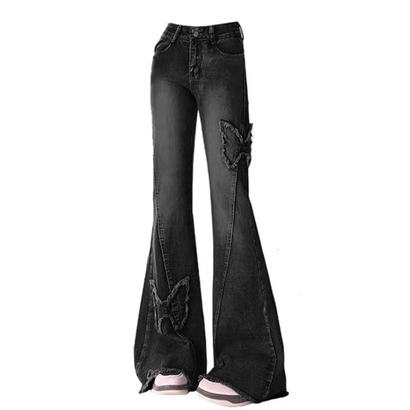 Harajuku Denim Trousers Y2k Trashy Emo 2000s Clothes Womens Blue Flare Jeans Baggy Vintage 90s Aesthetic Low Waist Cowboy Pants 250213