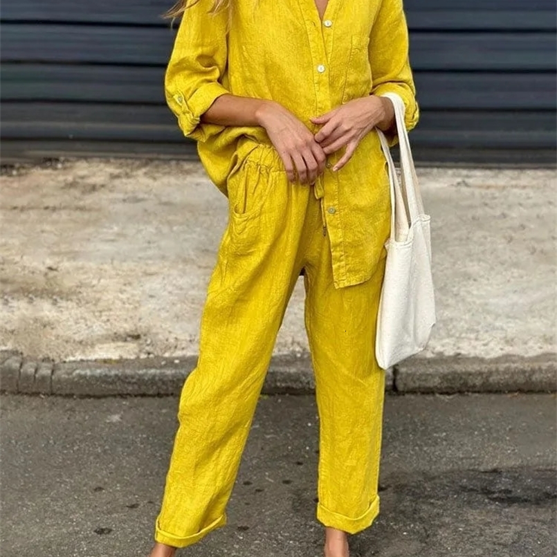 Womens Cotton Linen Solid Color Two-piece Sets Spring Autumn Fashion V Neck Top Elastic Waist Loose Wide Leg Pants Set 240828