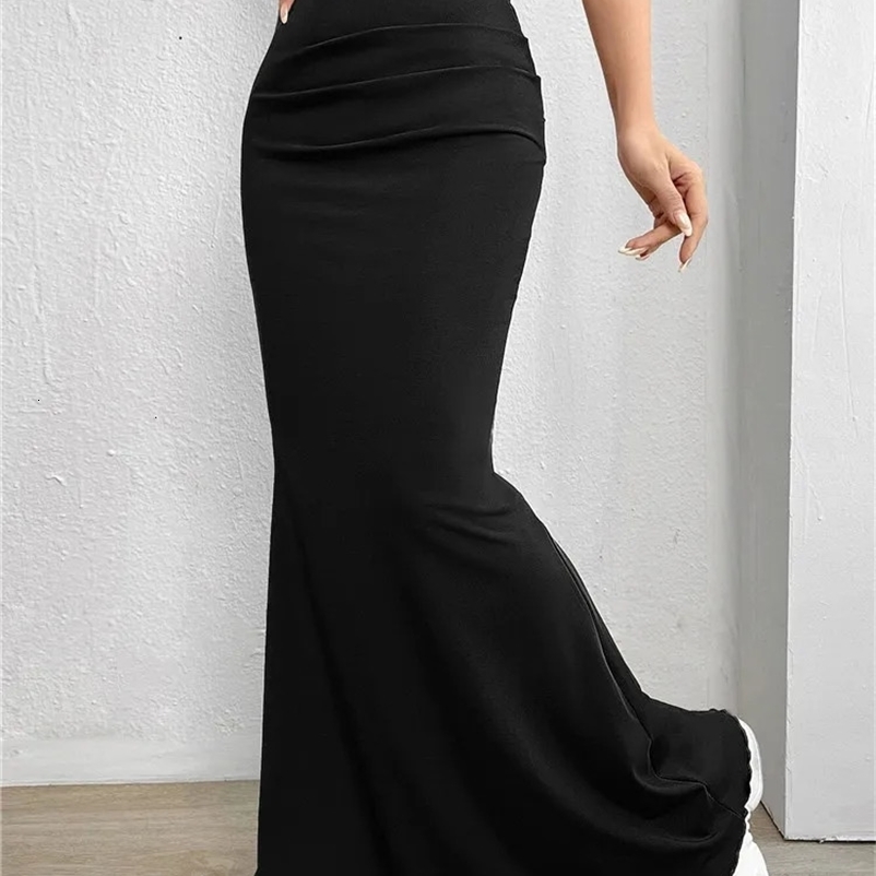 Elegant Black High Waist Ruched Mermaid Skirt Women Summer Club Party Y2K Solid Ruched Slim Fit Maxi Skirts Streetwear 240513