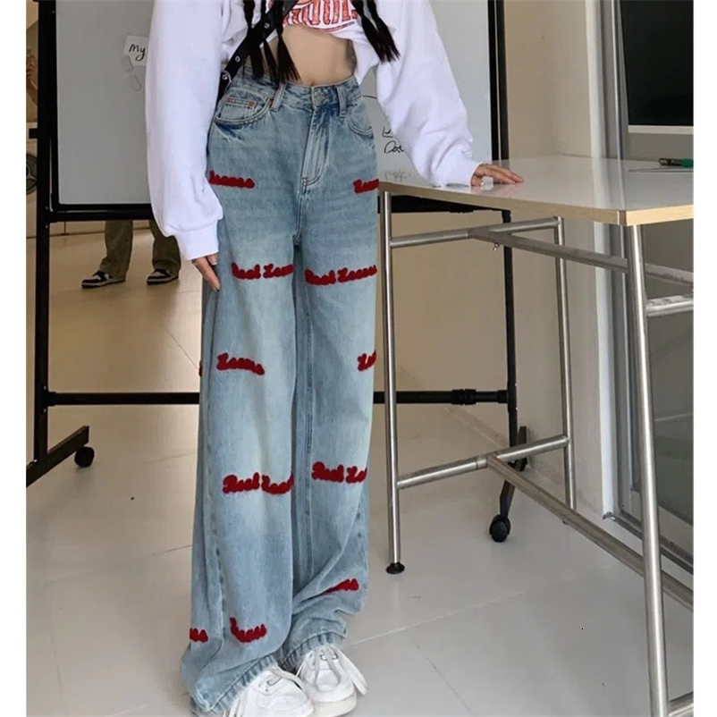 Women's Jeans Streetwear Letter Embroidery Jeans Woman High Waist Y2k Straight Baggy Pants Korean Fashion Women's Jeans Trend Trousers 230