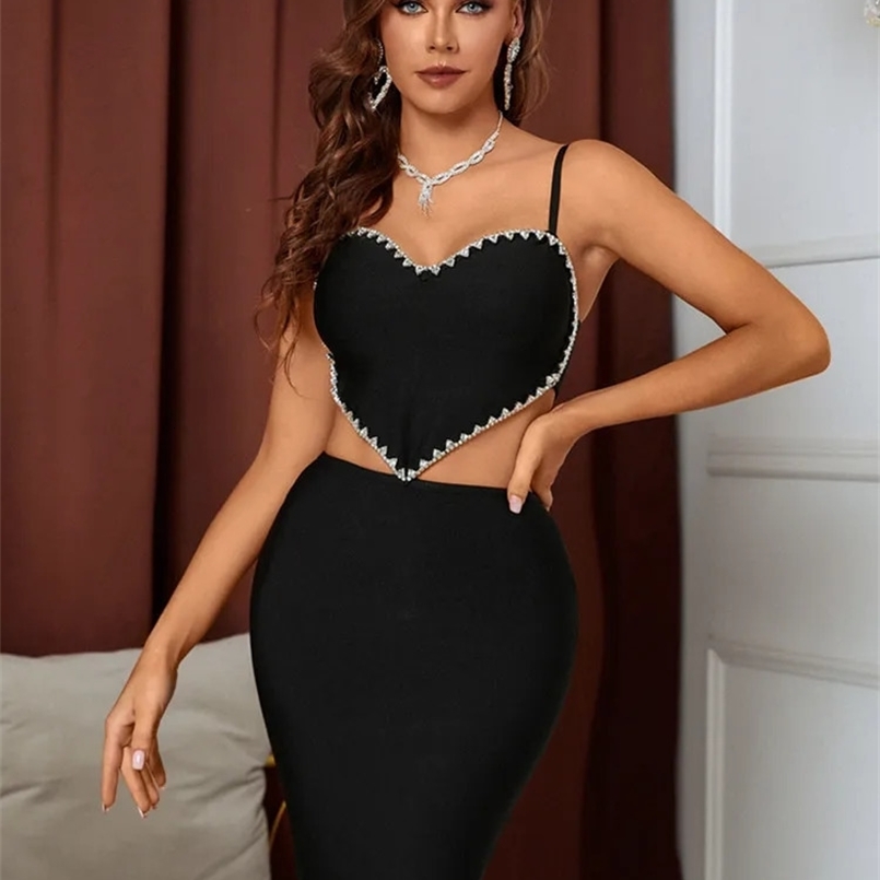 Women Summer Sexy Sleeveless Heart Crystal Diamonds Black Mini Bodycon Dress Bandage Set Elegant Evening Club Party Dress 240829