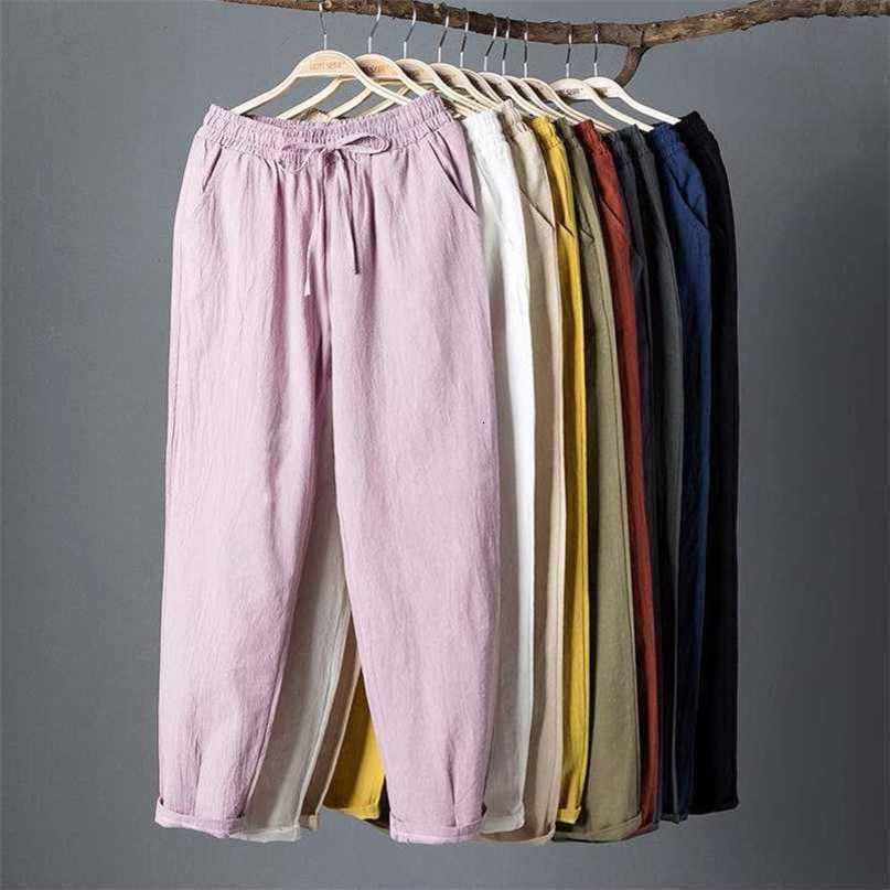 Womens Spring Summer Pants Cotton Linen Solid Elastic waist Harem Trousers Soft thin Female ladys trousers S-XXL 211008