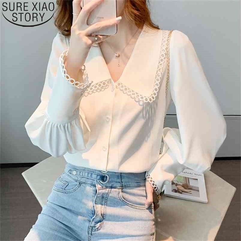 White Chiffon Blouses Women French Style Elegant Doll Collar Fashion Korean Lantern Long Sleeve Blouse Tops Shirt 11546 210506