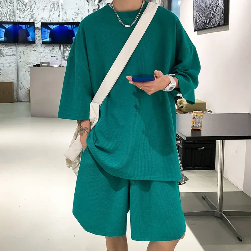 Summer Fashion Waffle Mens Tracksuit Loose Casual Short Sleeve Shirts Shorts Clothing Set 240409