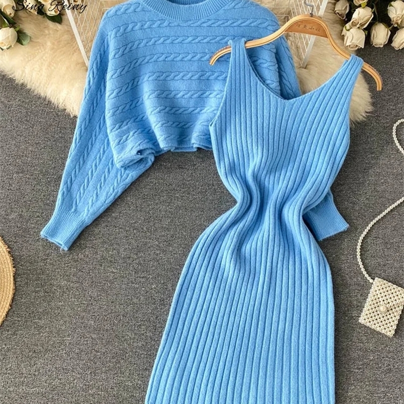 SINGREINY Autumn Knitted Dress Suits Women O Neck Long Sleeves Short PulloverStrap Elastic Dress Korean Sweater Two Pieces Sets 240823