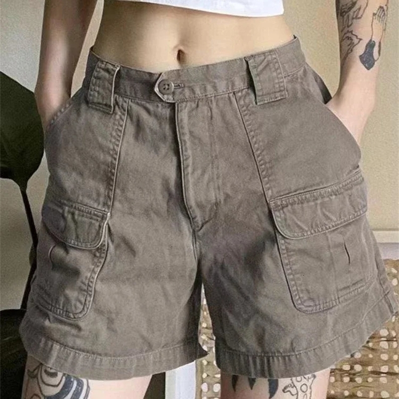 HOUZHOU Y2k Vintage Streetwear Cargo Denim Shorts Women American Retro Harajuku Solid Loose Jeans Casual Pocket Summer Chic 250210