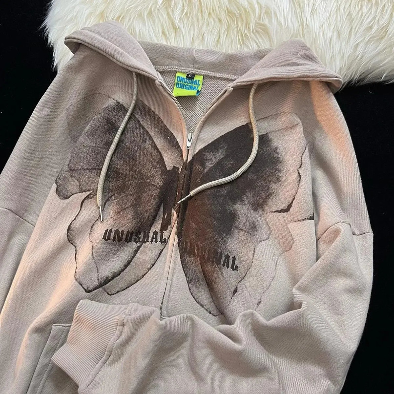 Womens Retro Butterfly Printed Hoodie Harajuku Hip Hop Jacket Street Casual Loose Sweatshirt Y2K Top 240808
