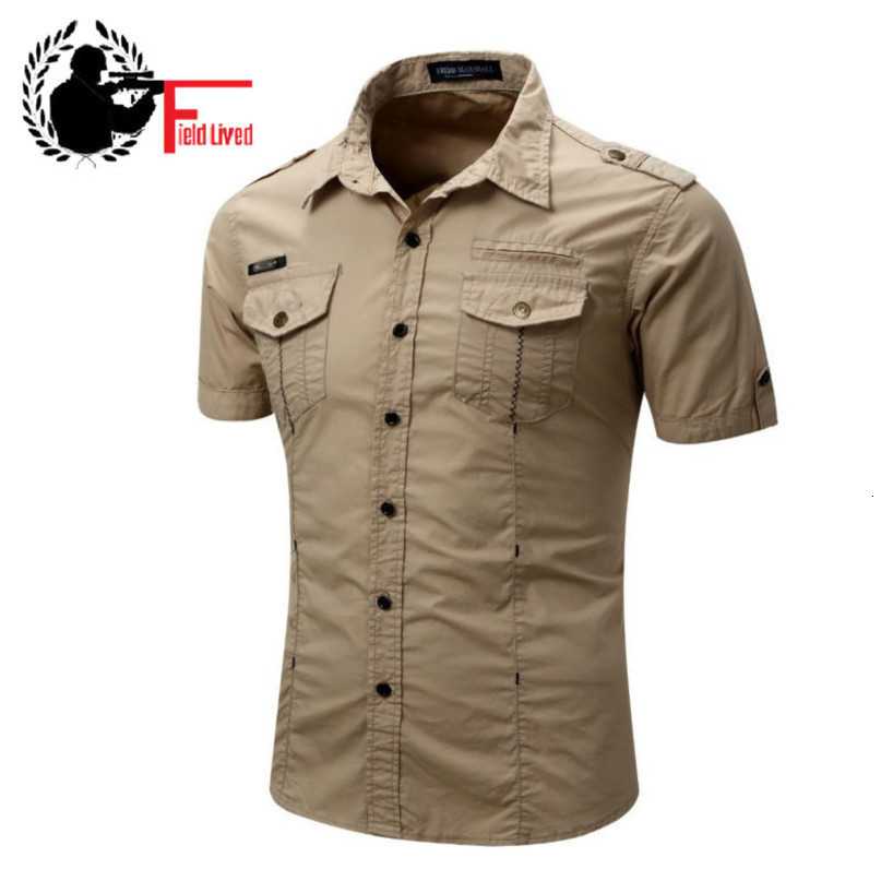 Men's ShirtMen Cargo Shirt Fashion Casual Shirt Summer Style 100% Cotton Solid Male Casual Shirt Plus Size 210518