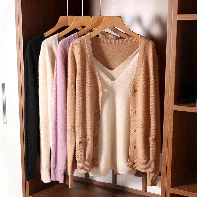 Knitted cashmere cardigan womens V-neck thin long sleeve cashmere sweater loose with hollow out lazy wind cashmere sweater swea 240703