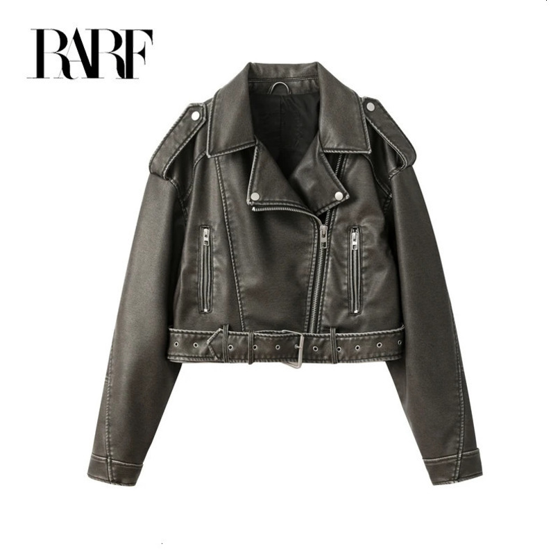 RARF Coal Grey LE Womens Washed Leather Jacket with Belt Short Coat Zipper Retro Collar Jacket 241031