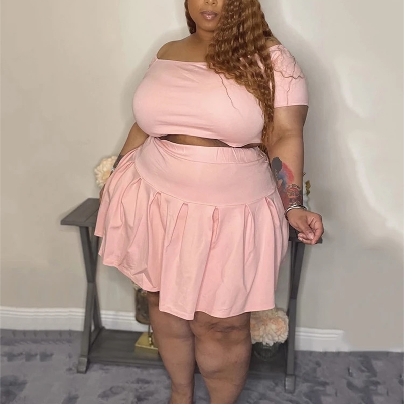 5xl Plus Size Women Clothing Wholesale Summer Outfits Crop Tops and Pleated Skirt Tracksuit Sweet Dress Suits Drop 240810