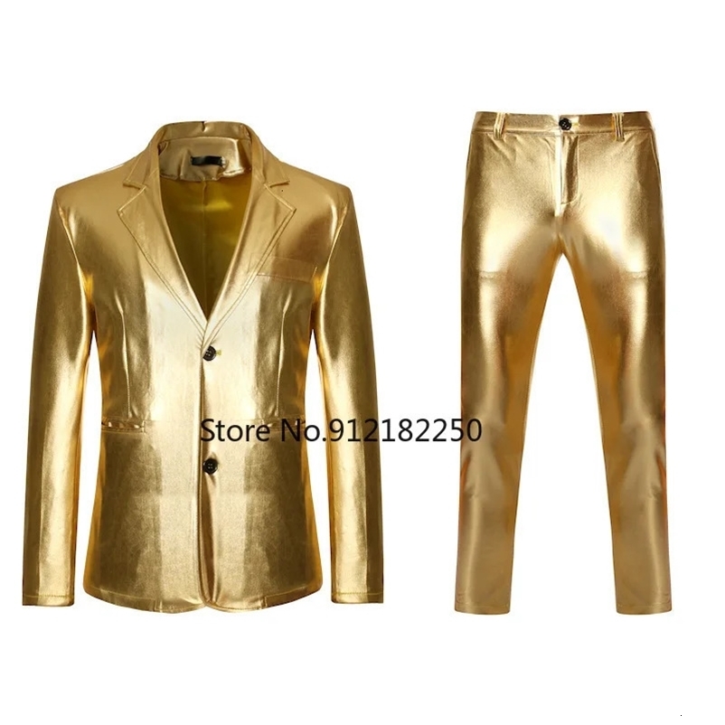 Men's Suits Blazers Men's Shiny Gold 2 Pieces Suits BlazerPants Terno Masculino Fashion Party DJ Club Dress Tuxedo Suit Men Stage Singer C