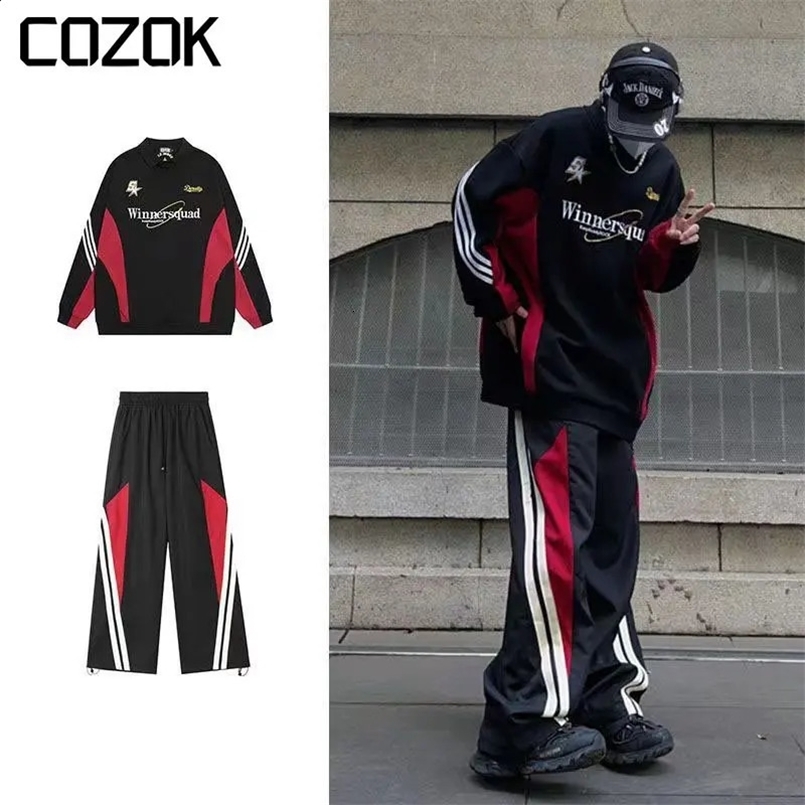 2 Pieces Sets Tracksuit Sweatshirt Drawstring Pants Men Patchwork Stripe Letter Print Sport Hoodies Running Sportswear Autumn 240816