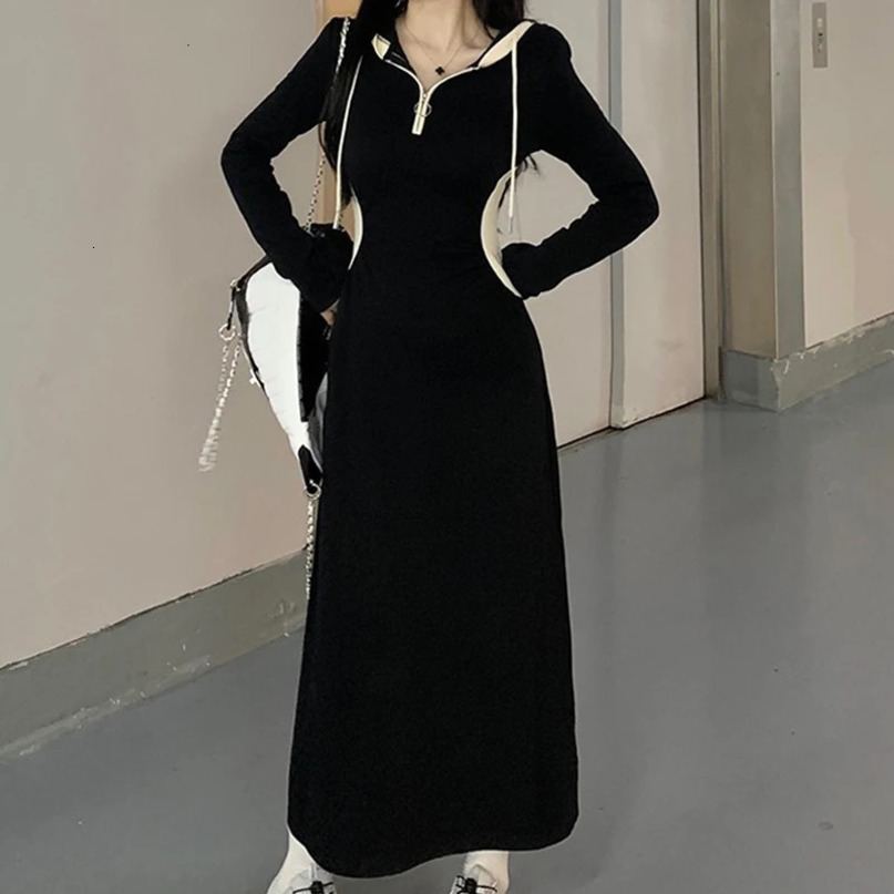 Basic Casual Dresses Korean Black Long Sleeve Loose Hoodie Dress Harajuku Solid Womens Pullovers Street Clothing 231118