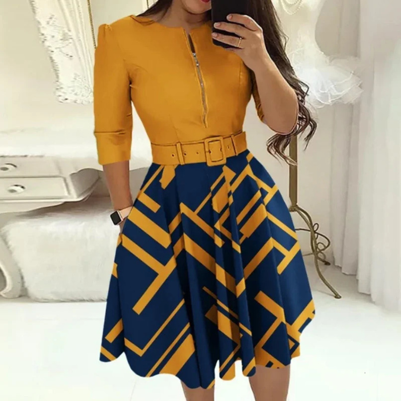 Fashion Women Patchwork Aline Dresses AutumnWinter Round Neck Printed Belt Party Dress Elegant Office Lady Zipper 240615
