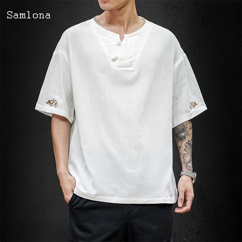 Men's T-Shirts Cotton Linen T shirt Men Summer Japanese Loose Large Size Embroidery Chinese style Round Neck Casual Short Sleeved Tee Mens 2304