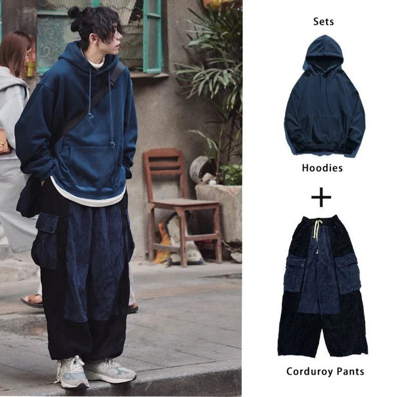 Houzhou Mens Set Corduroy Cargo Pants Loose Hoodie Sweater Black Japanese Street Clothing Hip Hop Harajuku Autumn 240903