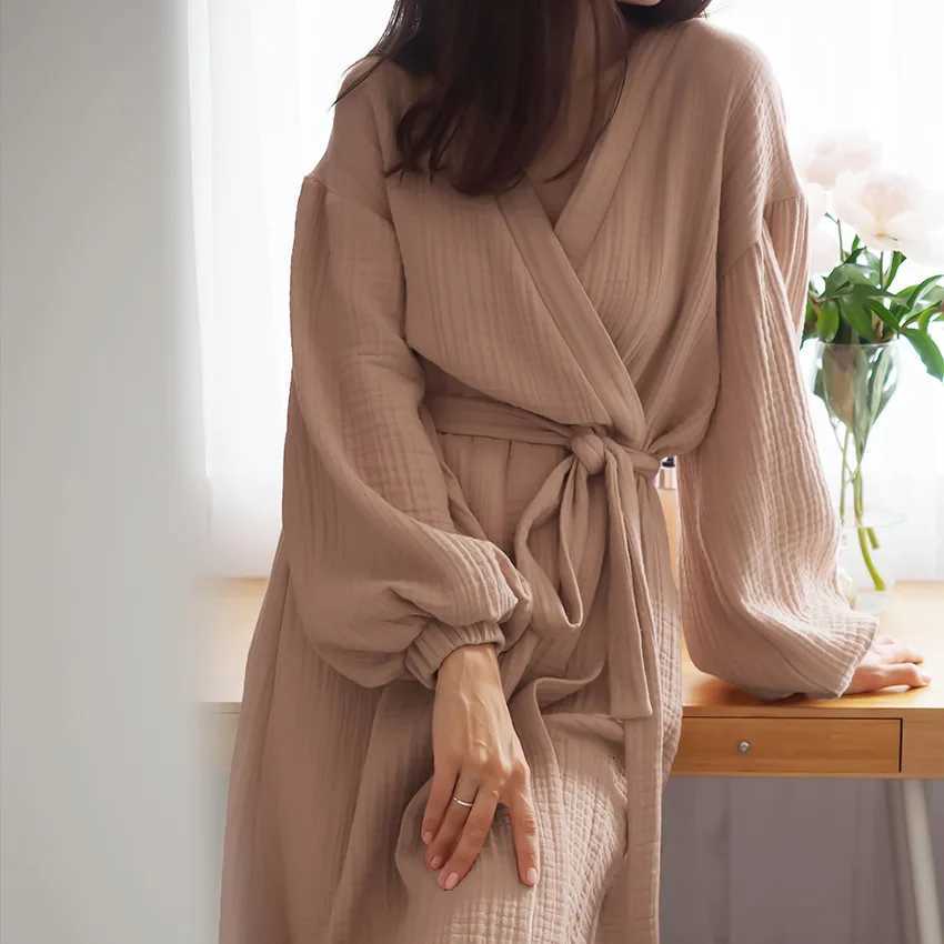Summer Women Double Gauze 100 Cotton Womens Nightgown Gown Robe Long Sleeve Cardigan Gown Morning Gown Pajamas Home Clothes Z250924