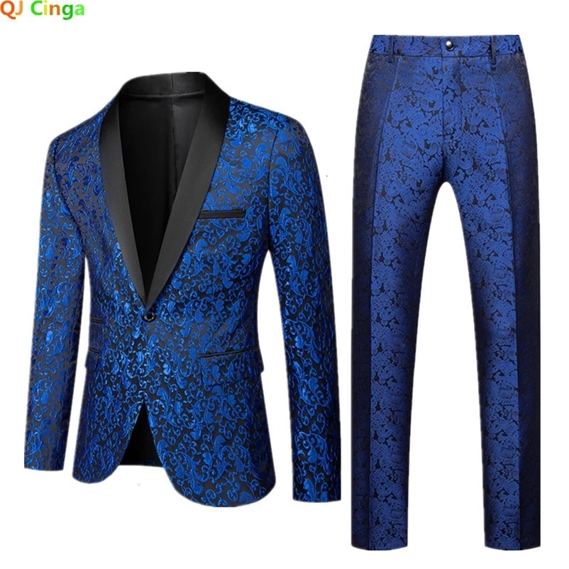 Men's Suits Blazers Show/Party 2 Piece Set Men JacketPants Wedding Dress Blazer Coat and Trousers Blue White Red Black Mens Suits Plus Size S-6