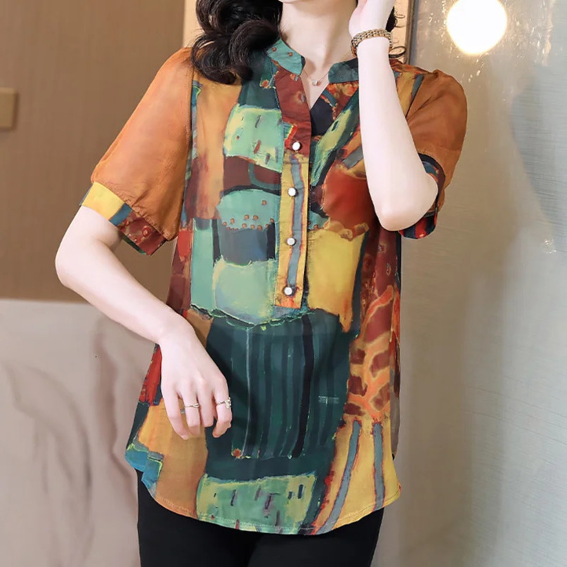 Summer Elegant Fashion Korean Style Loose Casual Office Lady Womens Shirt Collar Short Sleeve Chiffon Button Tops 240328