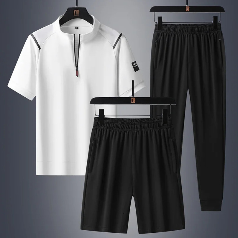 Ice Silk 3 Piece Men Shorts Set Summer Tracksuit Fashion Clothing Harajuku Style Japan Loose Fit Sweatsuit 240531