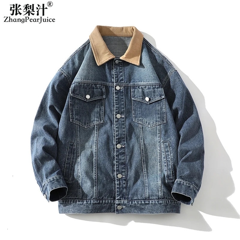 Autumn Spring Men Washed Denim Coat Large Size Y2K Streetwear Hip Hop Vintage Jeans Jacket Men Patchwork Lapel Jacket 240408