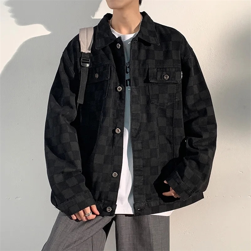 Chessboard Plaid Jeans Jacket Men Autumn Black Denim Jacket Men Overalls Bomber Streetwear Man Clothing Oversized Outwear Coats 240408