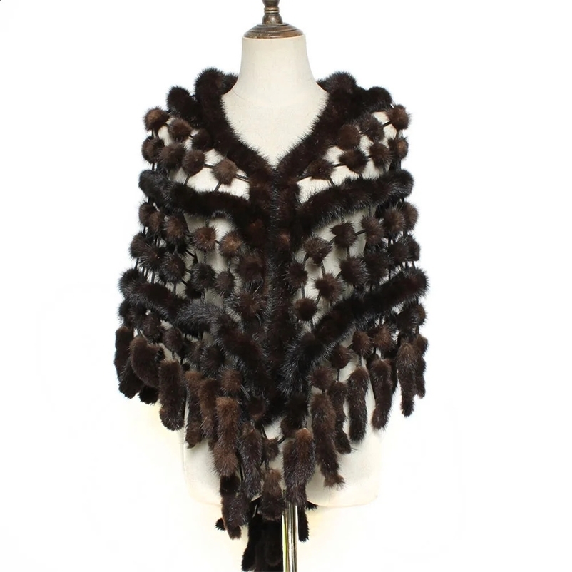 comer Womens Genuine Mink Shawl Raincoat Fashion Hand sewn Genuine Mink Ball Scarf Cape Town Womens Casual 100% Natural Fur Leather Bag241121bj
