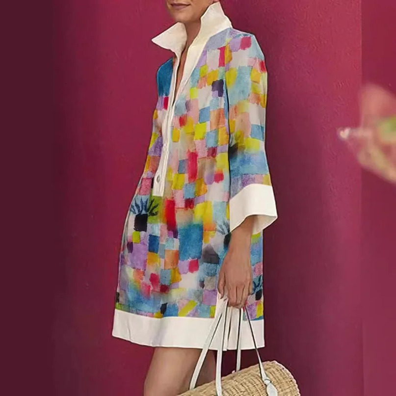 Retro Graffiti Print Patchwork Party Dress Women Spring Button Lapel Shirt Mini Summer Three Quarter Sleeve ALine Dresses 240615