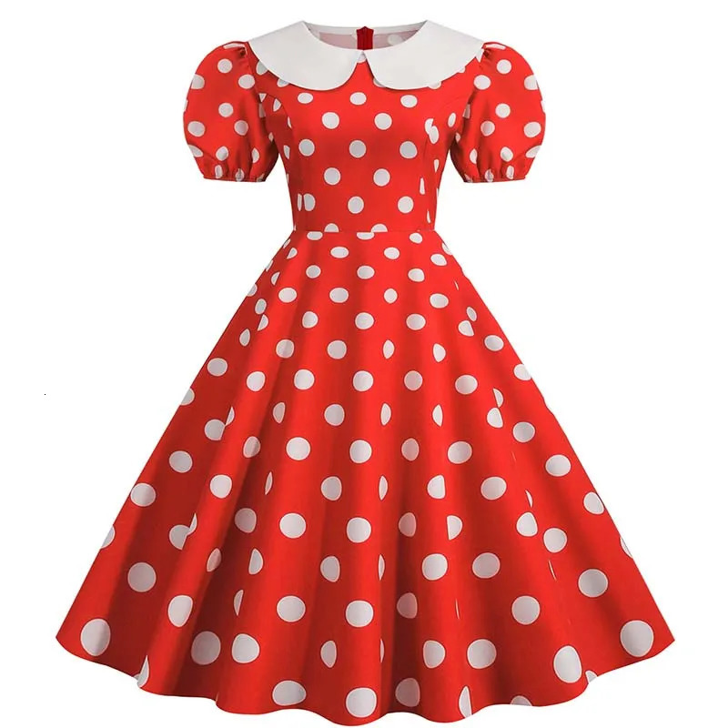Elegant Women Summer Dress Puff Short Sleeve Polka Dot Peter pan Collar Vintage A-line Midi Long Party Sundress 250804