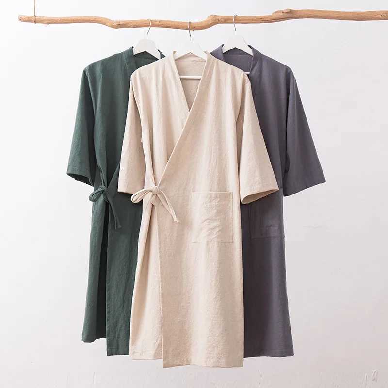 Womens Kimono with Sashes Cotton Linen Solid Long Sleeve Autumn Bathrobe V Neck Japanese Style Bathrobe Loose Solid Color Z250924