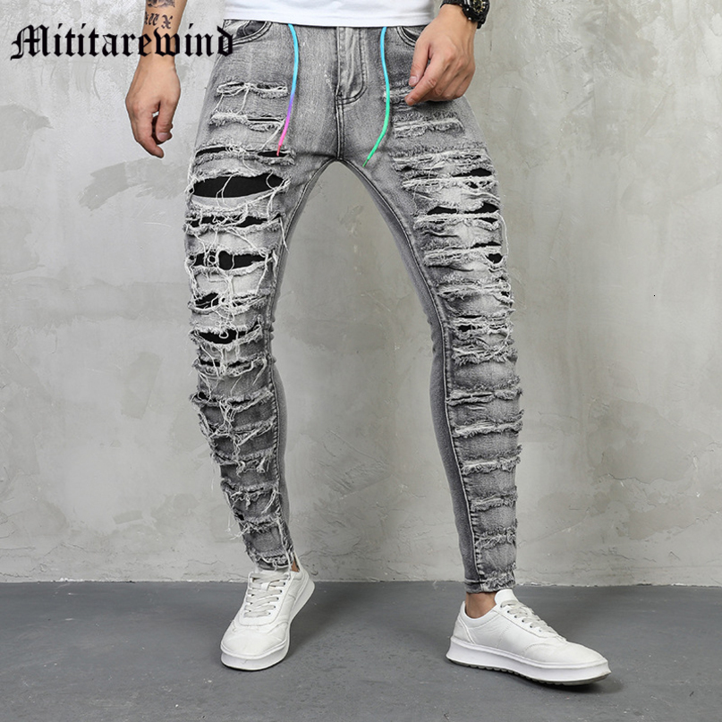 Mens Jeans Hole Ripped Frayed Denim Skinny Vintage High Street Washed Patches Distressed Hip Hop Contrast Streetwear Retro Slim 230809